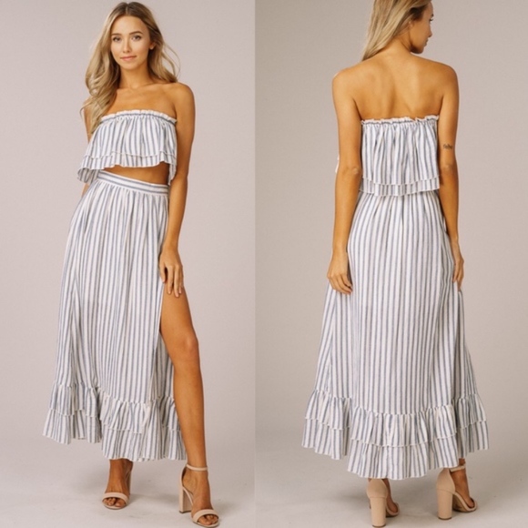 Blue Striped Woven Layered Top and Skirt Set - Picture 3 of 3